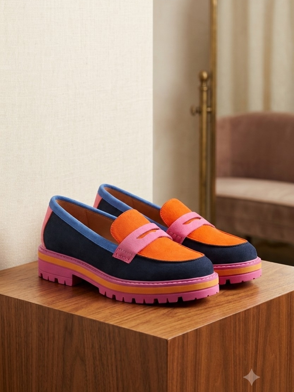 Epic Threads Colorblock Suede Penny Loafers in Orange, Navy & Pink